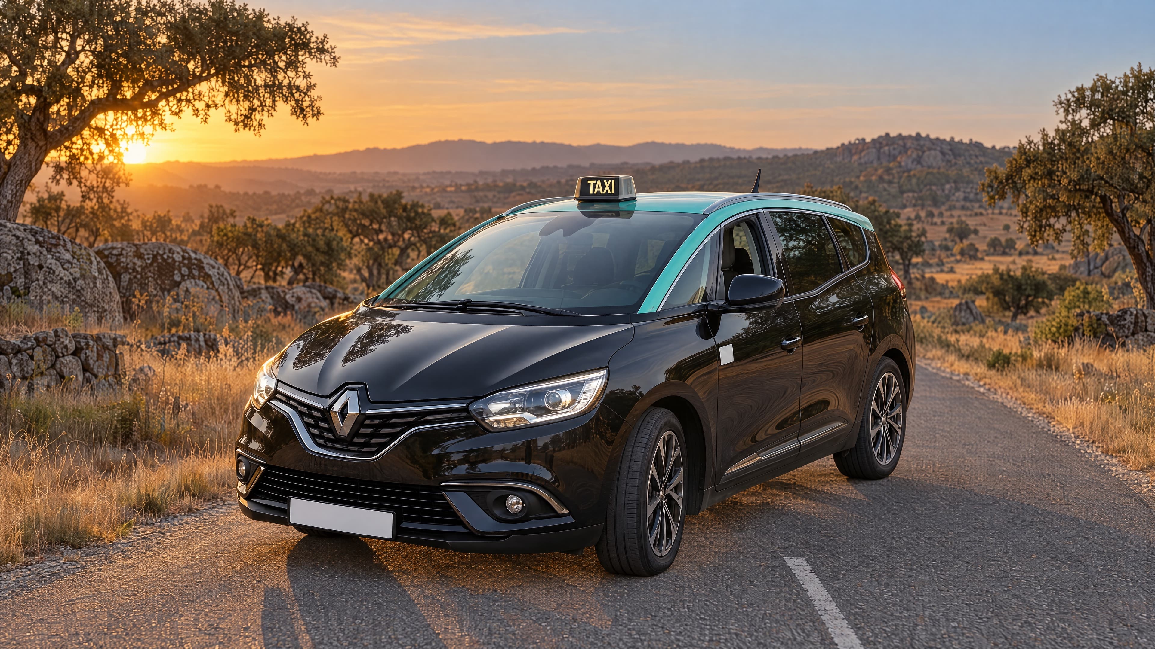 Um Renault Grand Scénic preto de tejadilho turquesa numa estrada do montado, ao pôr do sol